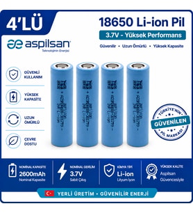Aspilsan 18650 2600mAh 3.7V Li-ion Şarjlı Pil 4'lü Paket INR18650A28 Orijinal Lityum İyon Batarya Yerli Üretim