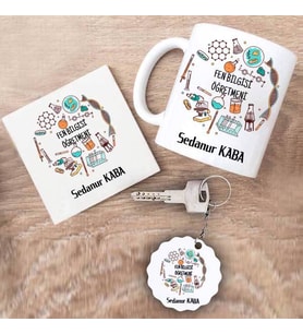 Fen Bilgisi Öğretmeni Kupa Bardak Altlık ve Anahtarlık Hediye Seti (Model 1)