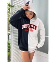 Unisex Brooklyn Siyah Beyaz Hoodie (A.Beyaz)