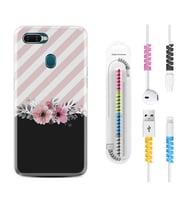 Oppo A5S A15 A16 A54 A55 A73 A74 Kılıf Kablo Koruma Spiral Silikon Strip Pink Flowers 1396