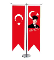 Masa Üstü Kırlangıç Atatürk+ Türk Bayrağı + Krom T Direk Masa Bayrak Seti