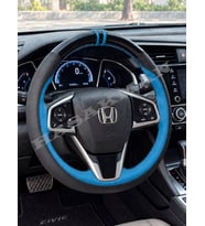 Honda Civic FK7 Dikme Direksiyon Kılıfı Parlak Siyah Mavi Detaylı Mavi Çift Yüzük ve Dikiş 2016-2021