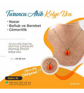 Turuncu Akik Doğaltaş Kolye Ucu, Gümüş zincirle birlikte KU035