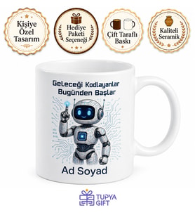 Robot Çizimli Yapay Zeka Temalı Teknolojik Kupa Bardak Hediye