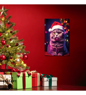 Tekli Dikey Kanvas Duvar Tablosu Yılbaşı Hediyesi Noel Baba Kostümlü Scottish Fold
