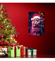 Tekli Dikey Kanvas Duvar Tablosu Yılbaşı Hediyesi Noel Baba Kostümlü Scottish Fold