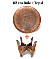 62 cm El İşlemeli Otantik Desenli Kalın Urfa Bakır Tepsi + Katlanabilir Sehpa - BAKIR-TPS500
