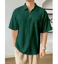 Erkek Oversize Polo Yaka Waffle T-Shirt POLOYAKA-FERMUARLI (Yeşil)