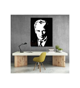 Siyah Beyaz Atatürk Çizimi Kanvas Tablo Modeli Dikey Duvar Tablosu Ofis Okul Ev Tablosu