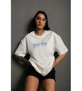 Unisex Bisiklet Yaka Baskılı Oversize T-Shirt - Beyaz