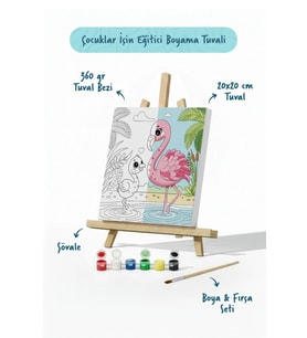 Flamingo Temalı Çocuk Boyama Tuvali – Şövaleli Eğitici Boyama Seti 20x20 cm