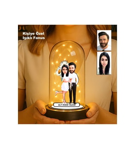 Kişiye Özel Çift Karikatür Fanus  Sevgili ve Evlilere Özel Işıklı Biblo