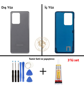 Samsung Galaxy S20 Ultra Gri Renk Arka Kapak + Tamir Seti + B7000 Yapıştırıcı Arka Cam Batarya Kapağı Pil Kapağı Lazer Kesim Back Cover Galaxy S20 Ultra Uyumlu