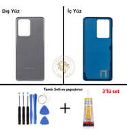 Samsung Galaxy S20 Ultra Gri Renk Arka Kapak + Tamir Seti + B7000 Yapıştırıcı Arka Cam Batarya Kapağı Pil Kapağı Lazer Kesim Back Cover Galaxy S20 Ultra Uyumlu
