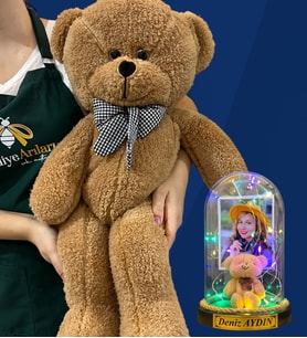 Kişiye Özel Renkli Led Işıklı Fanus ve Büyük Boy Kahverengi Peluş Ayıcık (Model 7)
