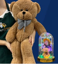 Kişiye Özel Renkli Led Işıklı Fanus ve Büyük Boy Kahverengi Peluş Ayıcık (Model 7)