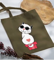 BK Gift Kedi Tasarımlı Haki Kumaş Bez Çanta, Baskılı Omuz Çantası, Alışveriş Çantası, Arkadaşa Hediye-6
