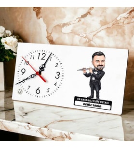 Flüt Ustası Müzisyen Erkek Karikatürlü Masa Saati