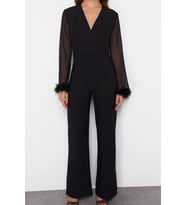 Kadın Moda Standart Kol Boru Paça Kruvaze Düz Desen Regular Otrişli Dokuma Tulum