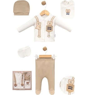 Premium Yenidoğan 5’li Zıbın Takım Cute Bear Nakışlı Pamuklu Hediyelik (Bej)
