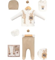 Premium Yenidoğan 5’li Zıbın Takım Cute Bear Nakışlı Pamuklu Hediyelik (Bej)