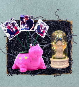 Kişiye Özel 3 Fotoğraflı Pembe Kaplumbağa & Led Işıklı Beyaz Melekli Fanus