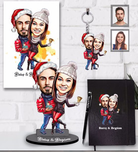 Kişiye Özel Yılbaşı Sevgili Karikatürlü 5 li Hediye Seti Model-4