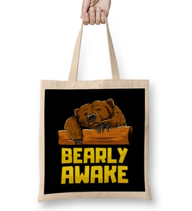 Bearly Awake Sleeping Bear Funny Barely Sleepy Pun Bez Çanta Uzun Saplı