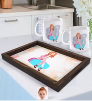 BK Gift Kişiye Özel Kadın Karikatürlü Doğal Ahşap Tepsi ve 2’li Kupa Bardak Seti-32