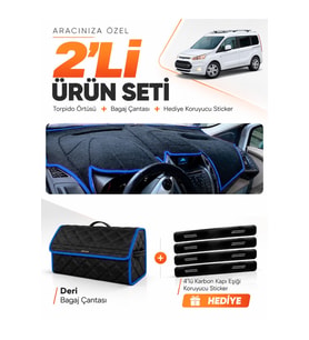 FORD TOURNEO CONNECT (2013-2020) Uyumlu Torpido Örtüsü + Deri Bagaj Çantası + Sticker Seti - Siyah Mavi