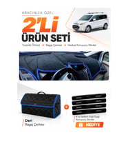 FORD TOURNEO CONNECT (2013-2020) Uyumlu Torpido Örtüsü + Deri Bagaj Çantası + Sticker Seti - Siyah Mavi
