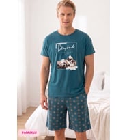 Seamlife Erkek Bisiklet Yaka Düğmesiz Pamuklu Yazlık Kısa Kol Cepli Şortlu Pijama Takımı