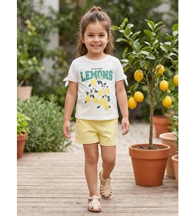 Civil Girls Limon Baskılı 2-5 Yaş Takım - Kırık Beyaz-Sarı