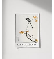 Çerçevesiz Poster Numata Kashu Japon Uzun Kuyruklu Baştankara ve Akçaağaç (Çok Renkli)