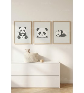 Sevimli Panda 3’lü Ahşap Çerçeveli Tablo Seti - Çocuk Odası Minimal Duvar Dekoru