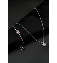 Zirkon Taşlı Kalp Charm Model Pembe Renk Kadın Kolye Ve Bileklik Set