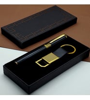 Hediyelik Siyah Kalem Ve Gold Deri Anahtarlık Kutulu Set