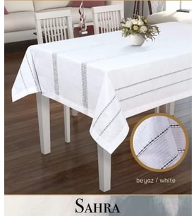 Polyester Ajurlu Keten Masa Örtüsü Tablecloth 160x260 cm Dantelli Yemek Masası Örtüsü Sahra Model Beyaz