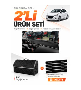 e-biz PEUGEOT 208 ESKİ Uyumlu Torpido Örtüsü + Deri Bagaj Çantası Seti - Siyah-Gri - PE029