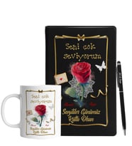Sevgililer Gününe Özel Siyah Defter Kalem & Kupa Hediye Seti 15
