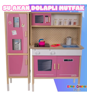 Dolaplı Musluktan Su Akan Işıklı Ahşap Mutfak - Ahşap Çocuk Mutfağı ve Buzdolabı - Ledli Mutfak Seti