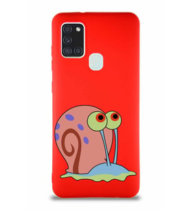 Samsung Galaxy A21S Soft Premier Kapak Salyangoz Gary Tasarımlı Silikon Kılıf - Kırmızı (Şeffaf)