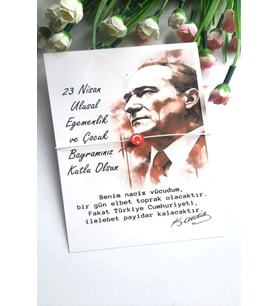 10 Adet Atatürk Kırmızı Silüet Kartlı Türk Bayraklı Bileklik- 23 Nisan Hediye 