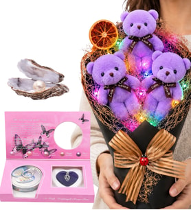 Renkli LED Işıklı Büyük Boy Mor Peluş Ayıcık Buketi ve Gerçek İstiridye İçinde İnci Kolye Hediye Seti