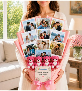 Kişiye Özel Fotoğraf Buketi Premium Hediye 10 Fotoğraflı 4 Sevimli Ayıcık Anahtarlıklı Hediye