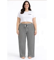 Viskon Pamuklu Kadın Büyük Beden Siyah Çizgili Pijama Pantolon - MGB001 - Mudanis