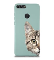 Huawei P Smart Uyumlu Lansman Kılıf Catface Tasarımlı İçi Kadife Kapak-Turkuaz (Şeffaf)