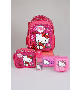 x Dekomus "Love Shine Collection" Hello Kitty Lisanslı Ortopedik İlkokul,Beslenme ve Kalem Çantası,Matara,Beslenme Kabı Seti