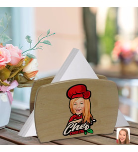 BK Gift Kişiye Özel Kadın Chef Karikatürlü Lüks Ahşap Peçetelik-10