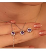 925 Ayar Gümüş Pırlanta Tasarım Ametist Taşlı Kolye Küpe Bileklik Set